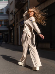 Completo maglia e pantalone donna beige con collana  made in Italy